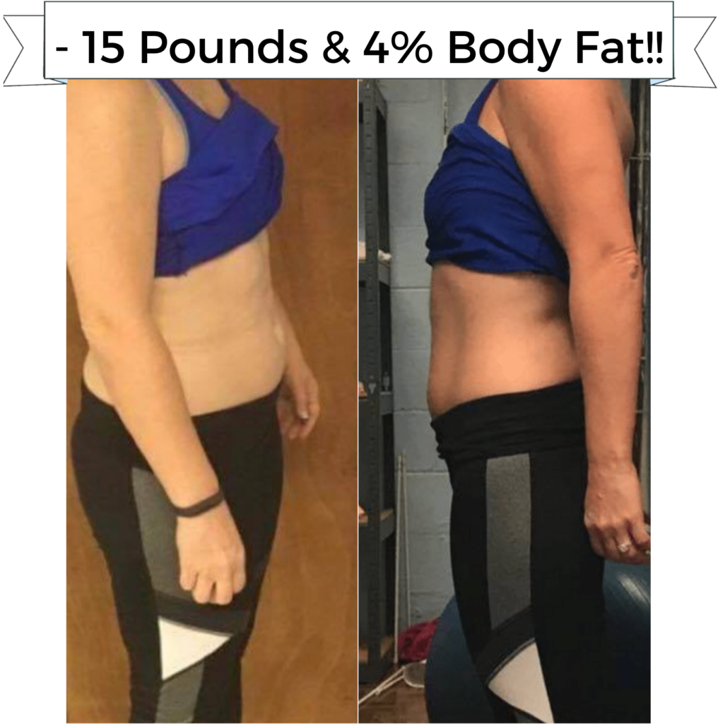 Before & after photos showing a loss of 15 pounds and 4% body fat