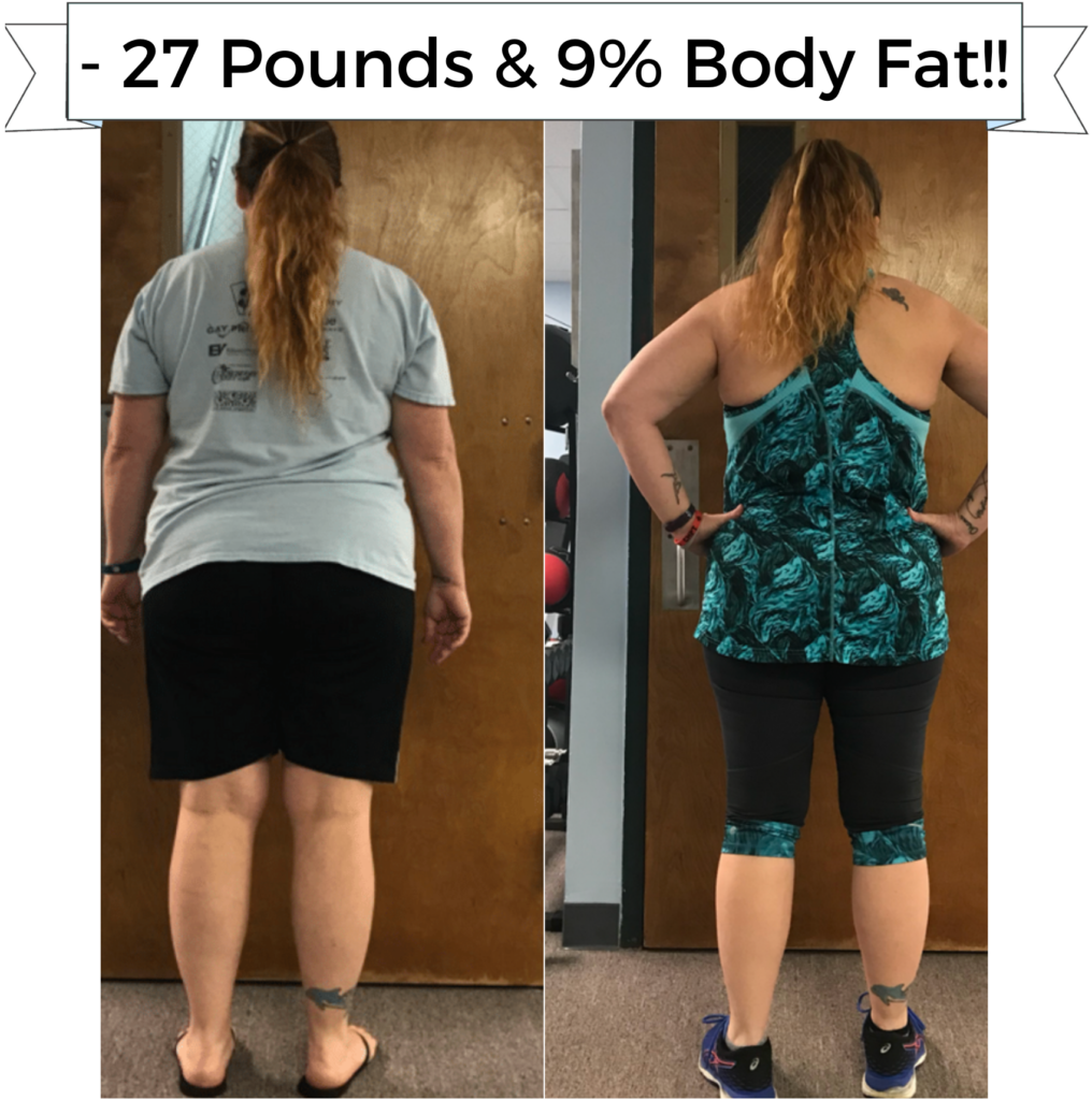 Before and after photos showing a loss of 27 pounds and 9% body fat